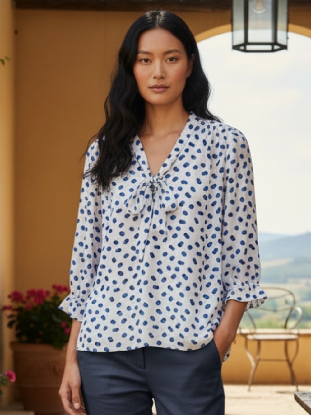 Talbots Blouse Shirt Top Sz 3XP 3X Petite White Blue Polka Dot Bow Tie Career